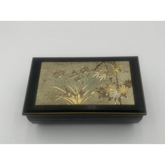 Vintage Japanese Lacquer Music Jewelry Box With Floral Design Red Velvet Lining - Picture 1 of 6